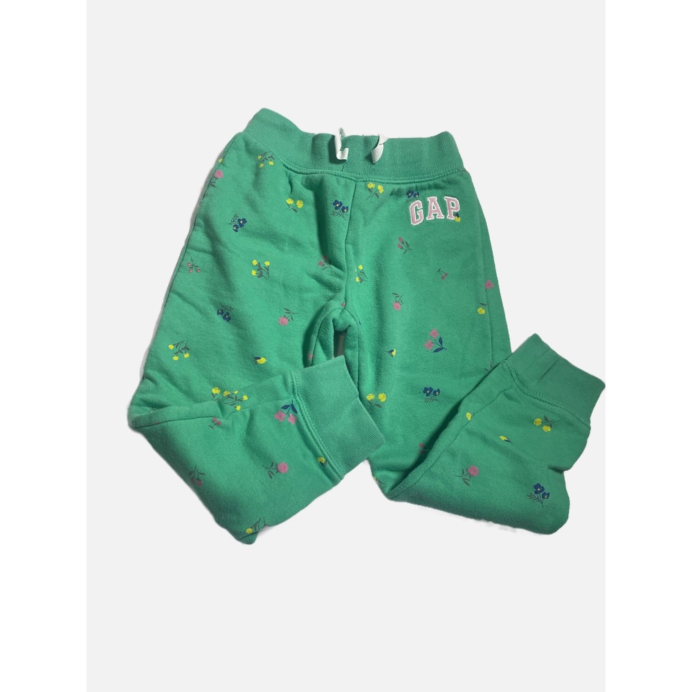 Gap Joggers Kids 5 Years Green Floral Fleece Sweatpants Casual Loungewear